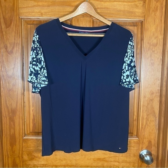 Brand New Tommy Hilfiger Navy Sporty Top with Ruffled Sleeves - Picture 1 of 6